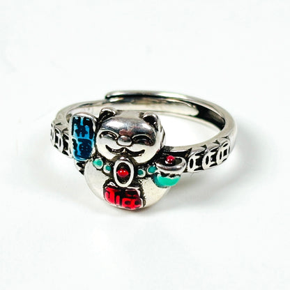 Lucky Cat Band Ring Adjustable Silver