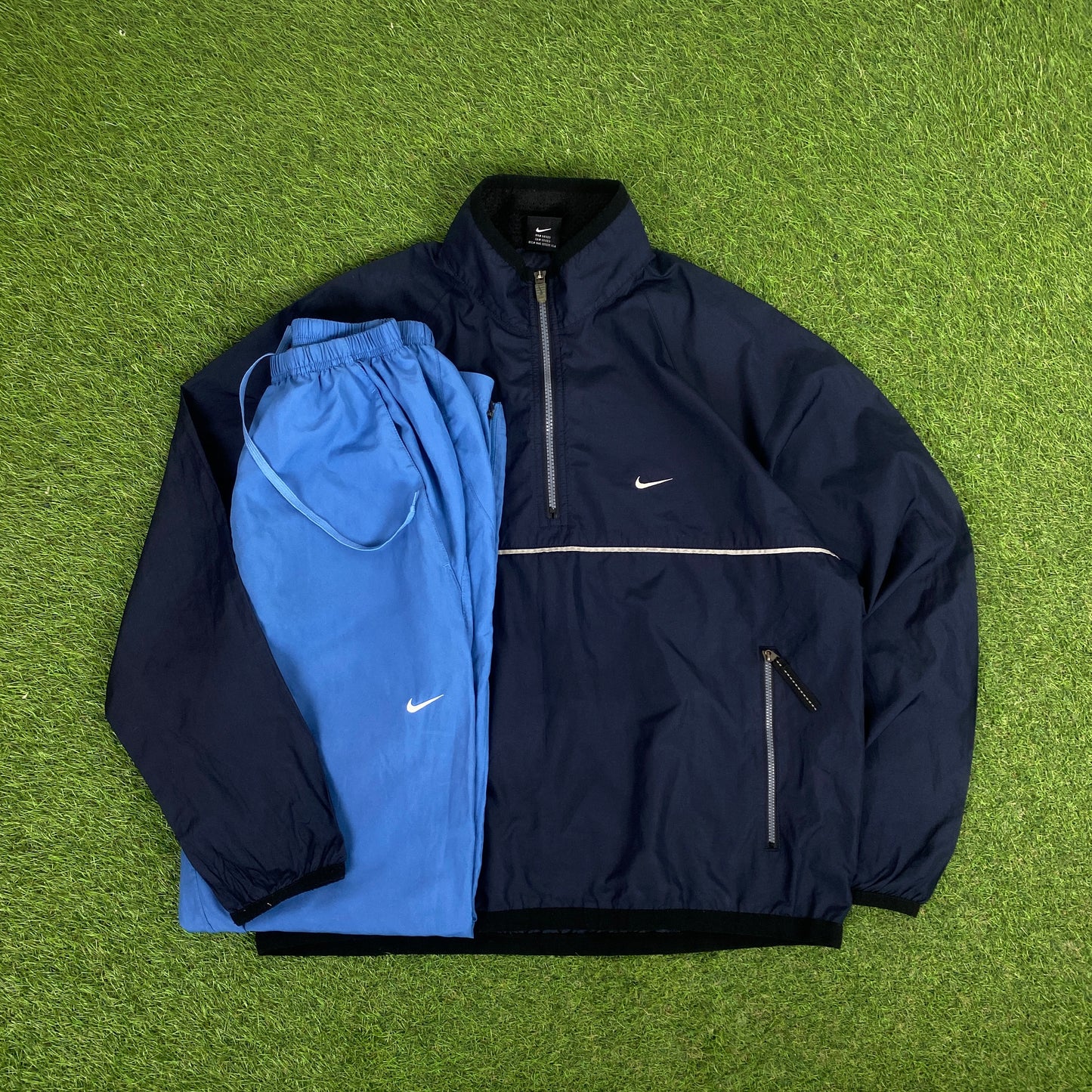 00s Nike Piping Windbreaker Jacket + Joggers Set Blue Small