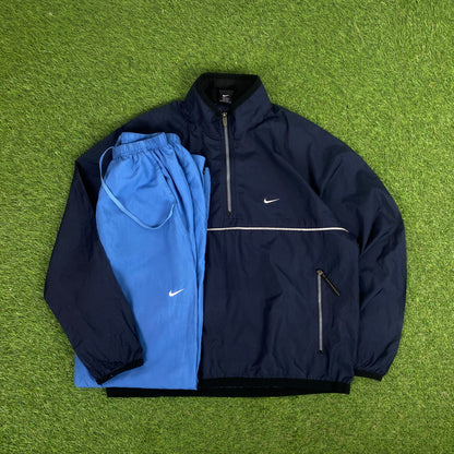 00s Nike Piping Windbreaker Jacket + Joggers Set Blue Small