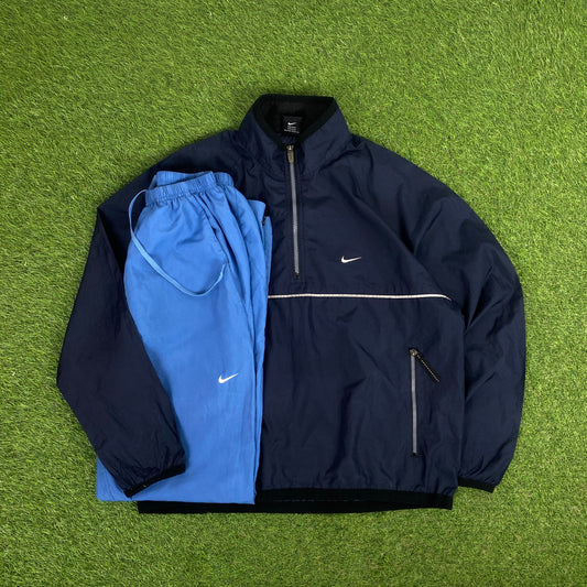 00s Nike Piping Windbreaker Jacket + Joggers Set Blue Small