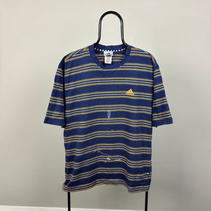 90s Adidas Striped T-Shirt Blue Large