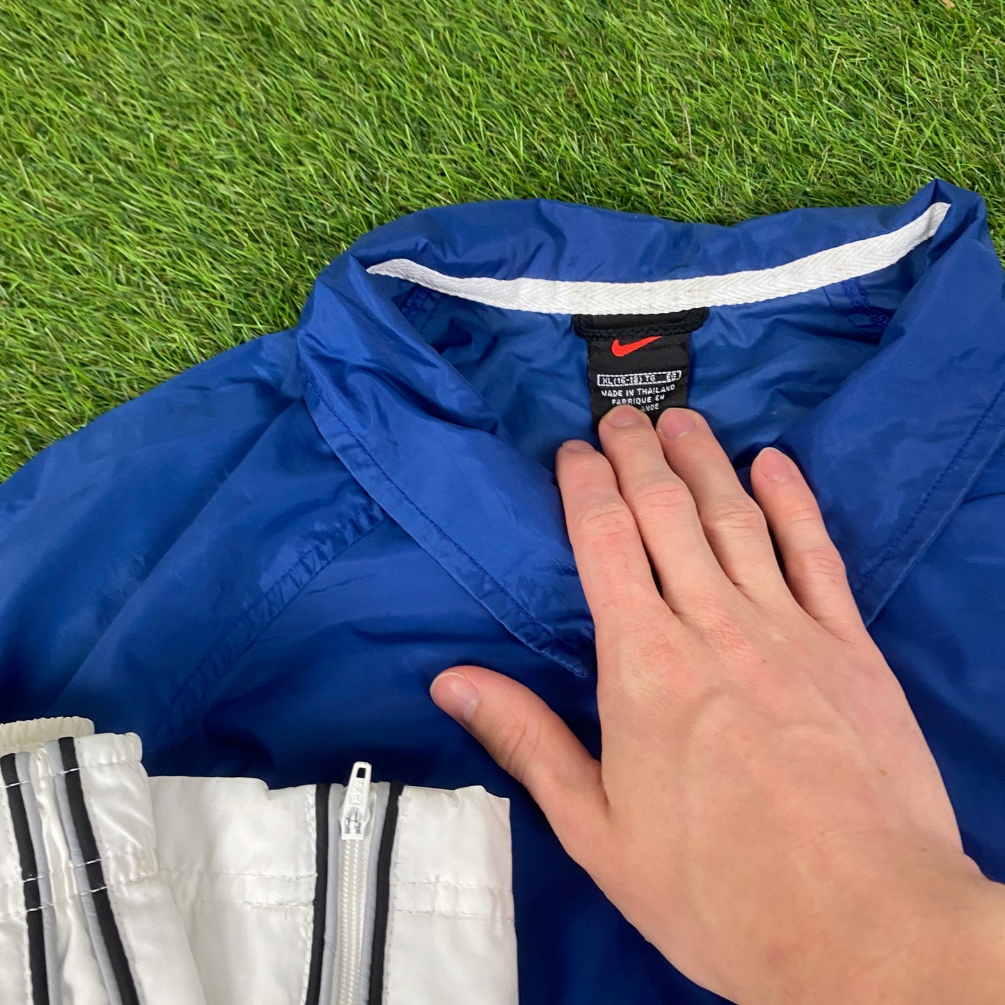 90s Nike Piping Windbreaker Tracksuit Set Jacket + Joggers Blue XL