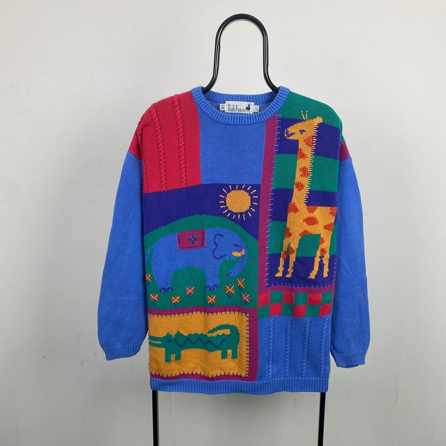 Retro Tulchan Animal Knit Sweatshirt Blue Large