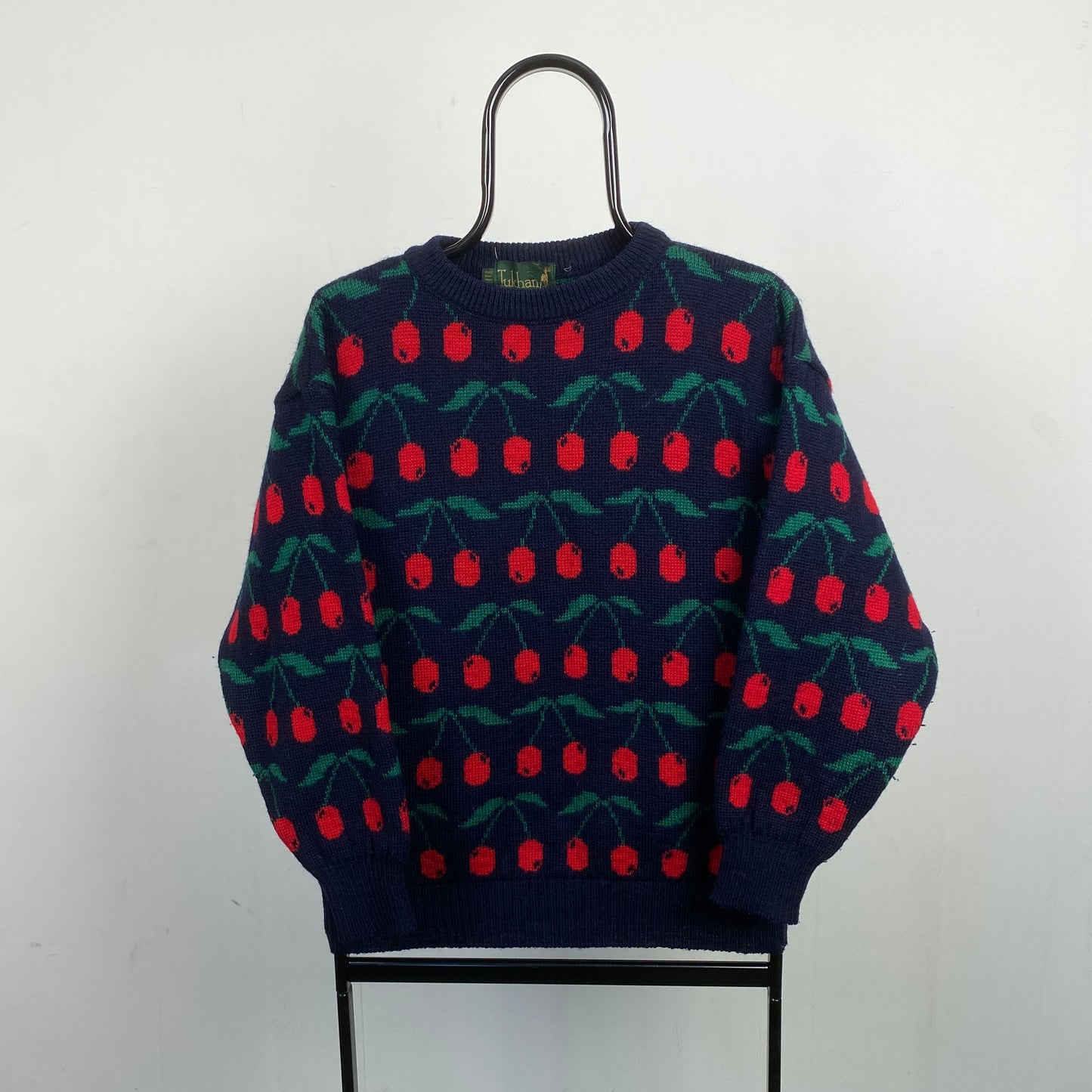 Retro Tulchan Cherry Knit Sweatshirt Blue Large