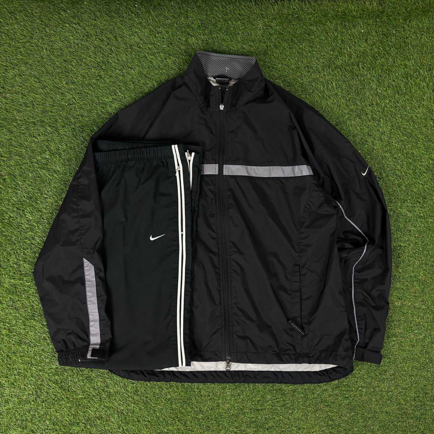 00s Nike Clima-Fit Reflective Piping Tracksuit Jacket + Joggers Set Black Large