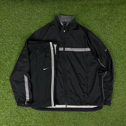 00s Nike Clima-Fit Reflective Piping Tracksuit Jacket + Joggers Set Black Large