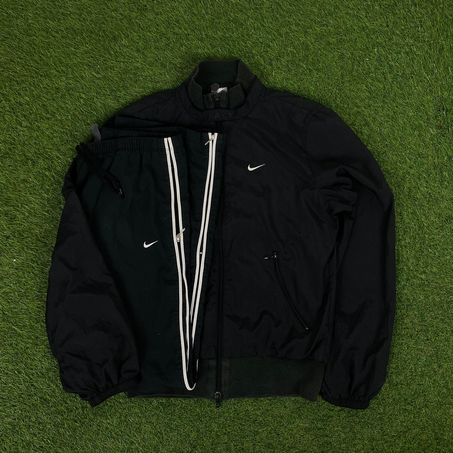 00s Nike Piping Windbreaker Jacket + Joggers Set Black Medium