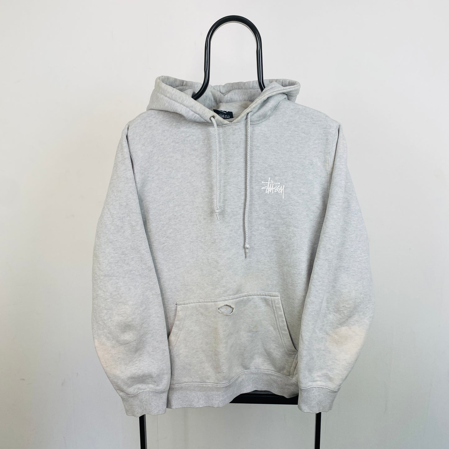 Retro 00s Thrashed Stussy Hoodie Grey Small