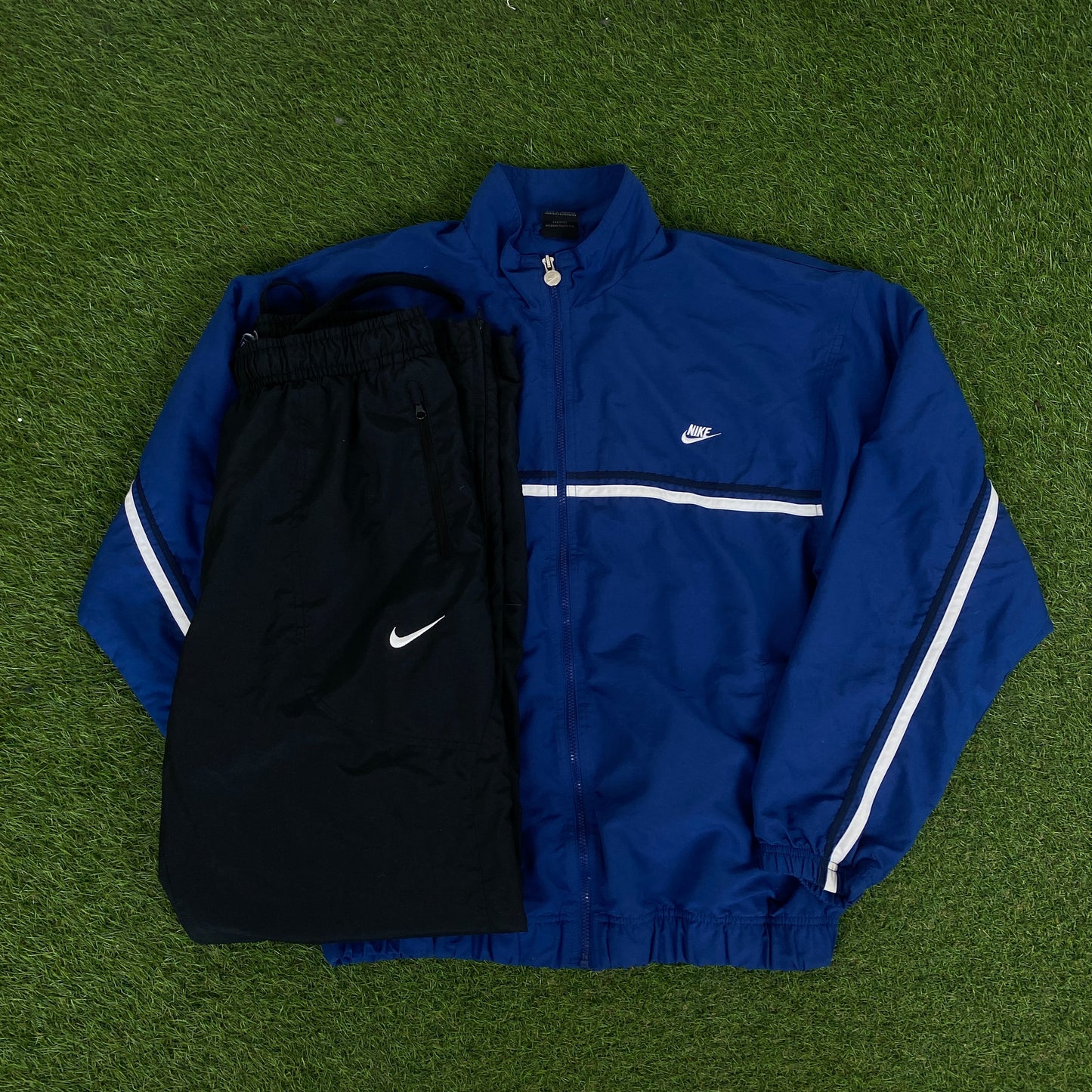 00s Nike Piping Windbreaker Jacket + Joggers Set Blue Medium