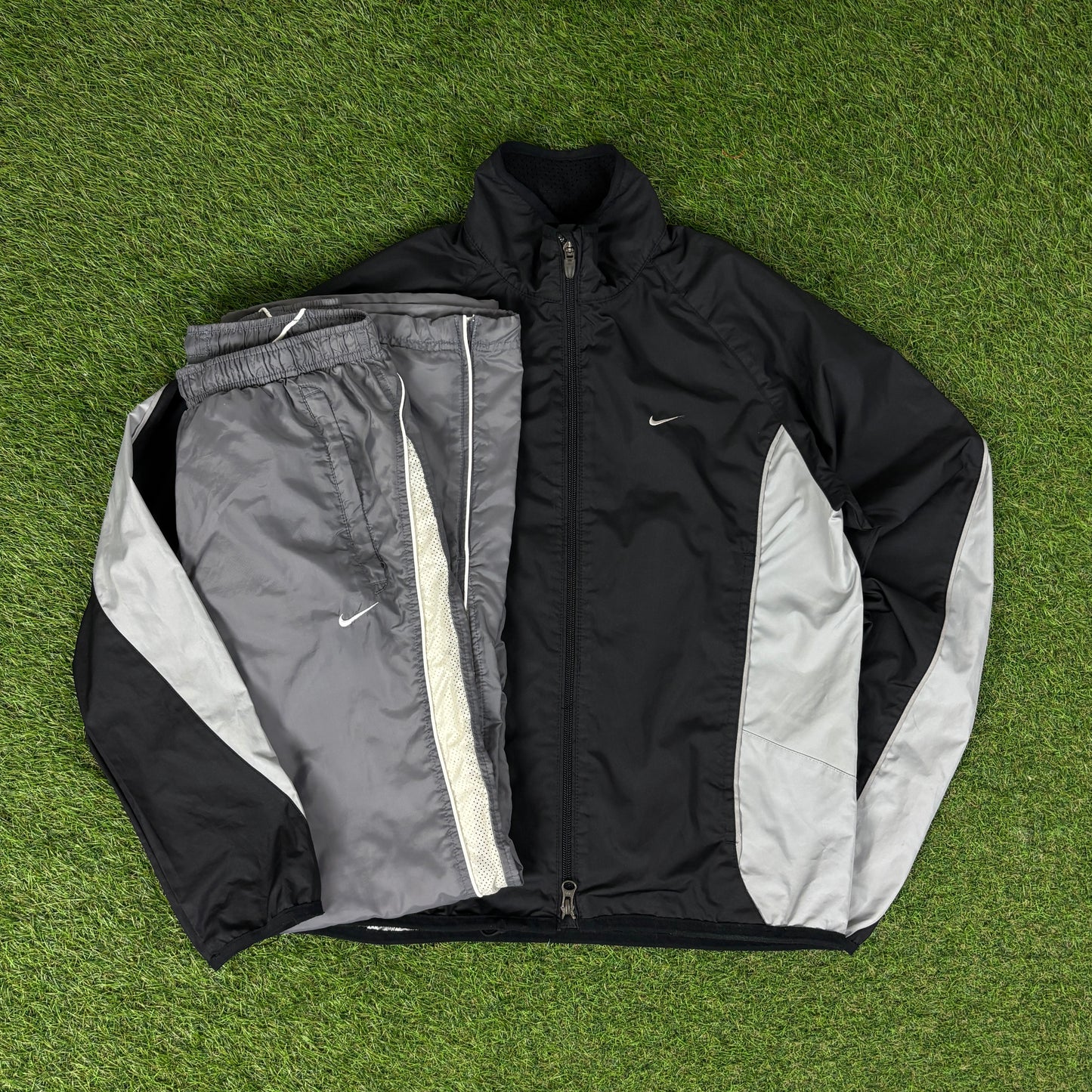 00s Nike Piping Windbreaker Jacket + Joggers Set Black Small