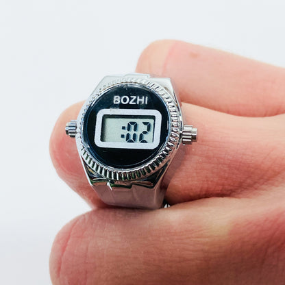 Retro Adjustable Digital Watch Ring Silver Black