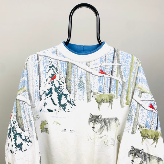 90s Snowy Wolf Sweatshirt White Large