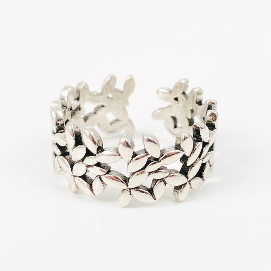 Vintage Adjustable Cluster Leaf Ring Silver