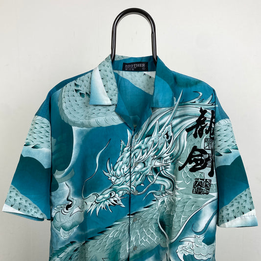 Retro Dragon Button Up Shirt T-Shirt Blue Large