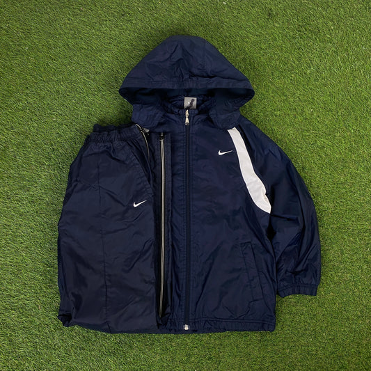 00s Nike Piping Windbreaker Jacket + Joggers Set Blue Small