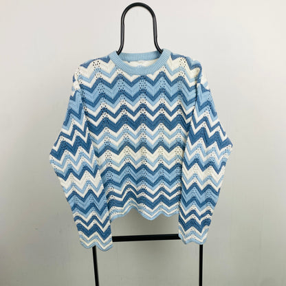 Retro 90s Crochet Knit Sweatshirt Blue Small