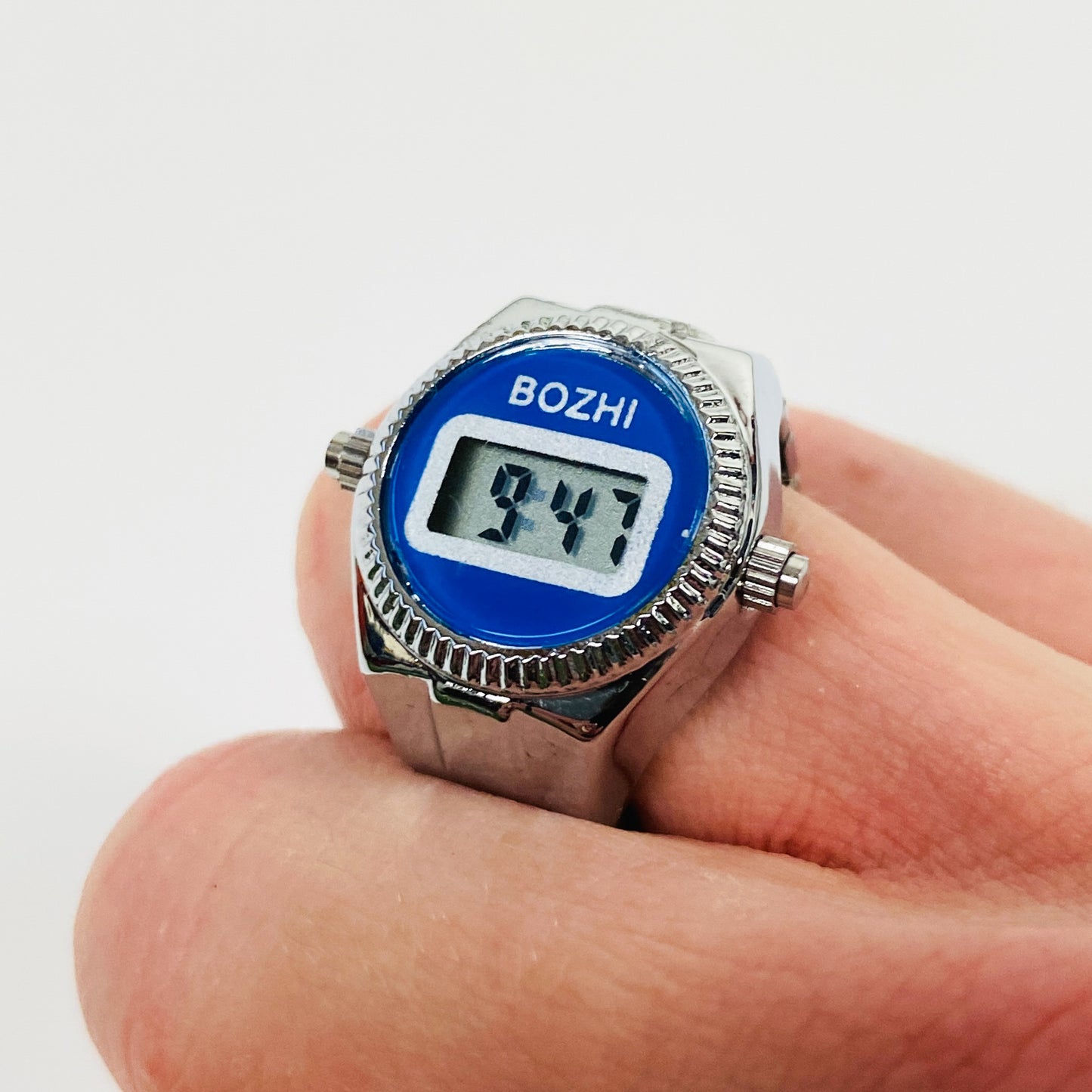 Retro Adjustable Digital Watch Ring Silver Blue