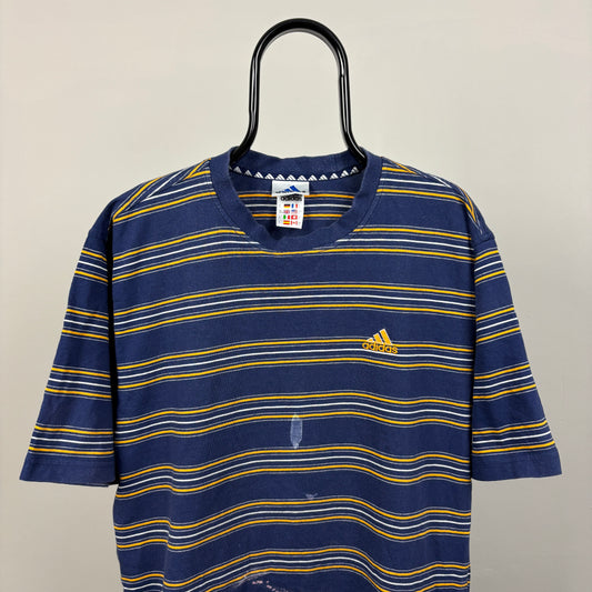 90s Adidas Striped T-Shirt Blue Large