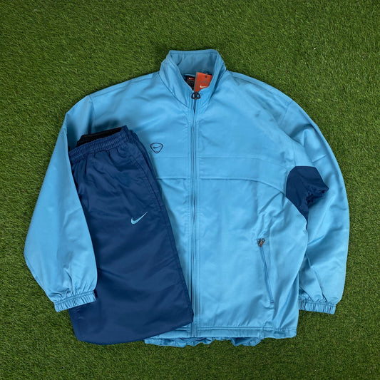 00s Nike Piping Windbreaker Jacket + Joggers Set Blue Medium