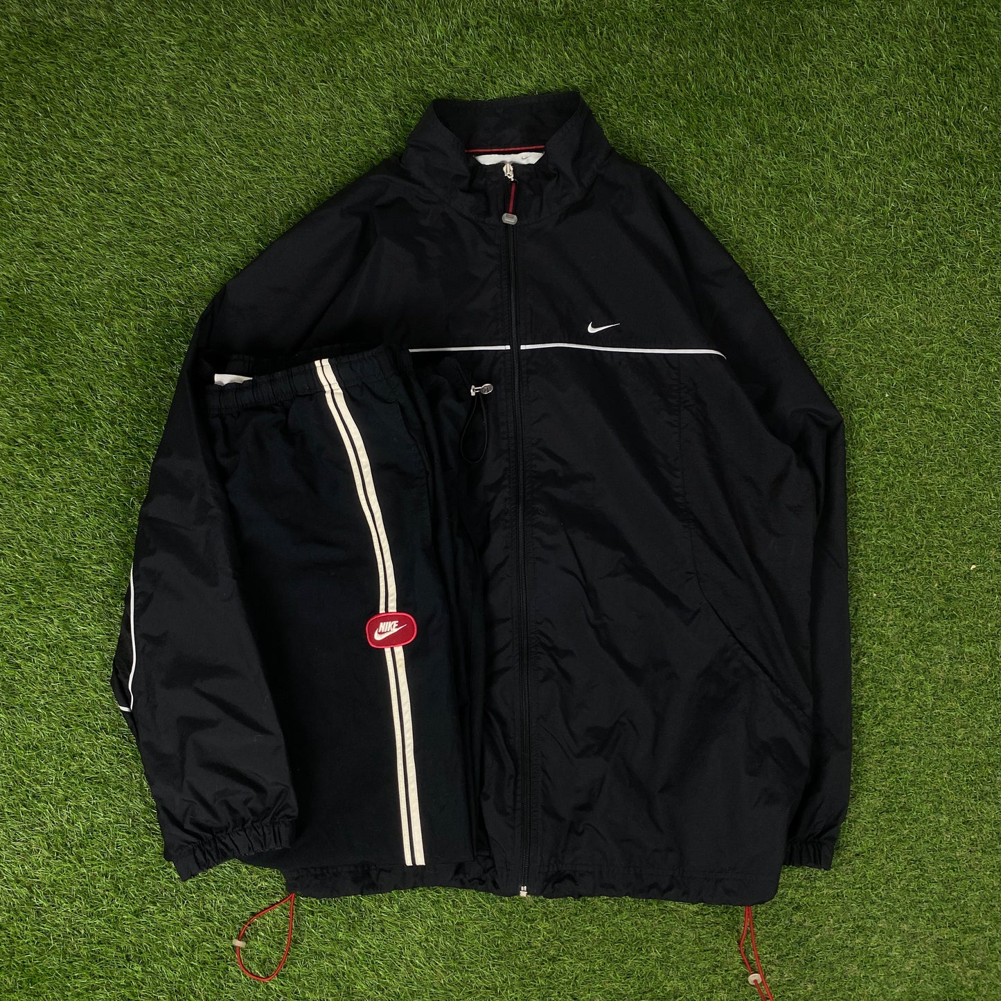 00s Nike Piping Windbreaker Tracksuit Set Jacket + Joggers Black XL