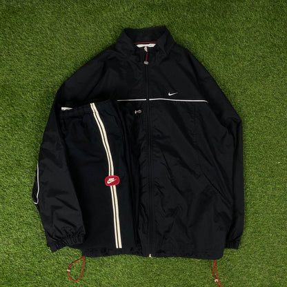 00s Nike Piping Windbreaker Tracksuit Set Jacket + Joggers Black XL