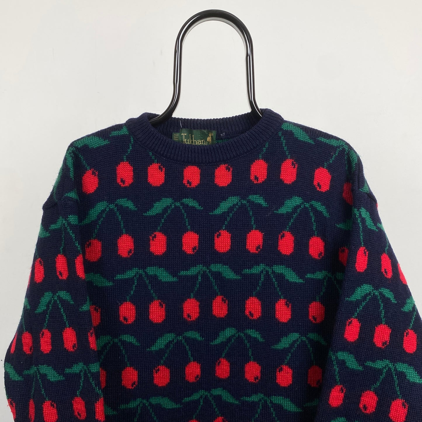 Retro Tulchan Cherry Knit Sweatshirt Blue Large