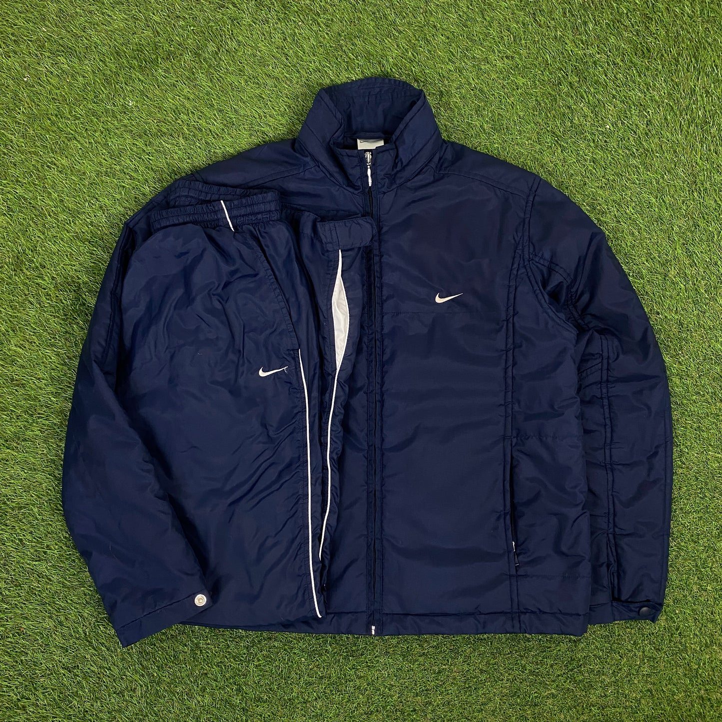 00s Nike Piping Windbreaker Jacket + Joggers Set Blue Small