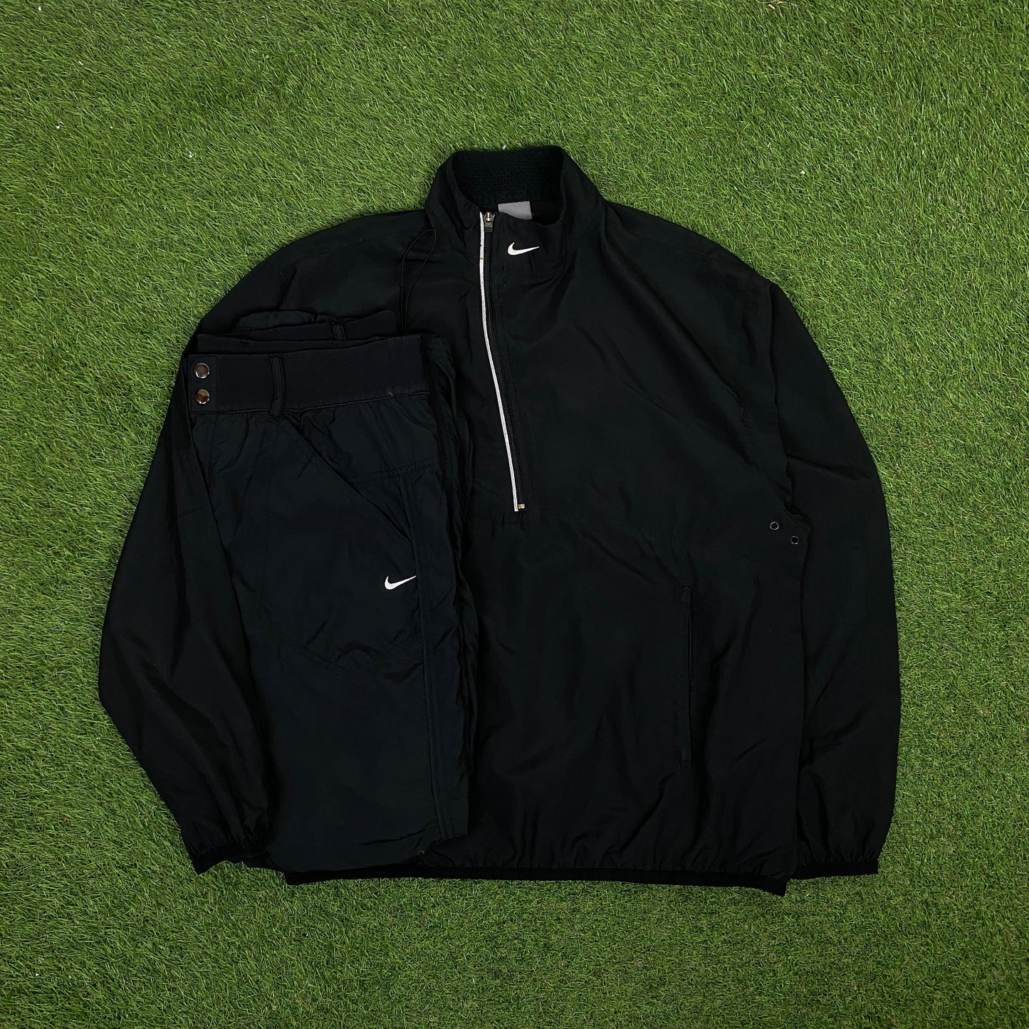 00s Nike Asymmetrical Piping Windbreaker Jacket + Joggers Set Black Medium