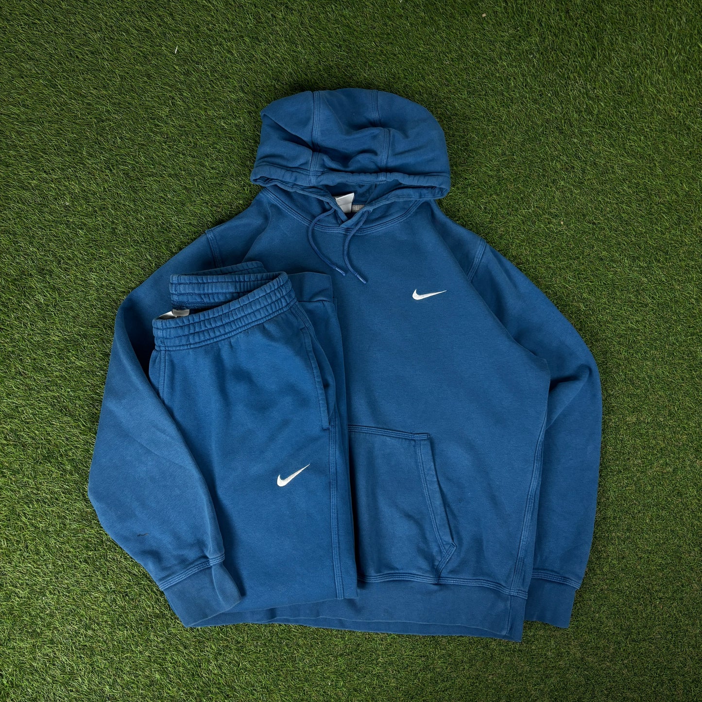 00s Nike Cotton Tracksuit Hoodie + Joggers Set Blue Large