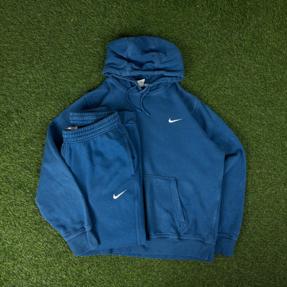 00s Nike Cotton Tracksuit Hoodie + Joggers Set Blue Large