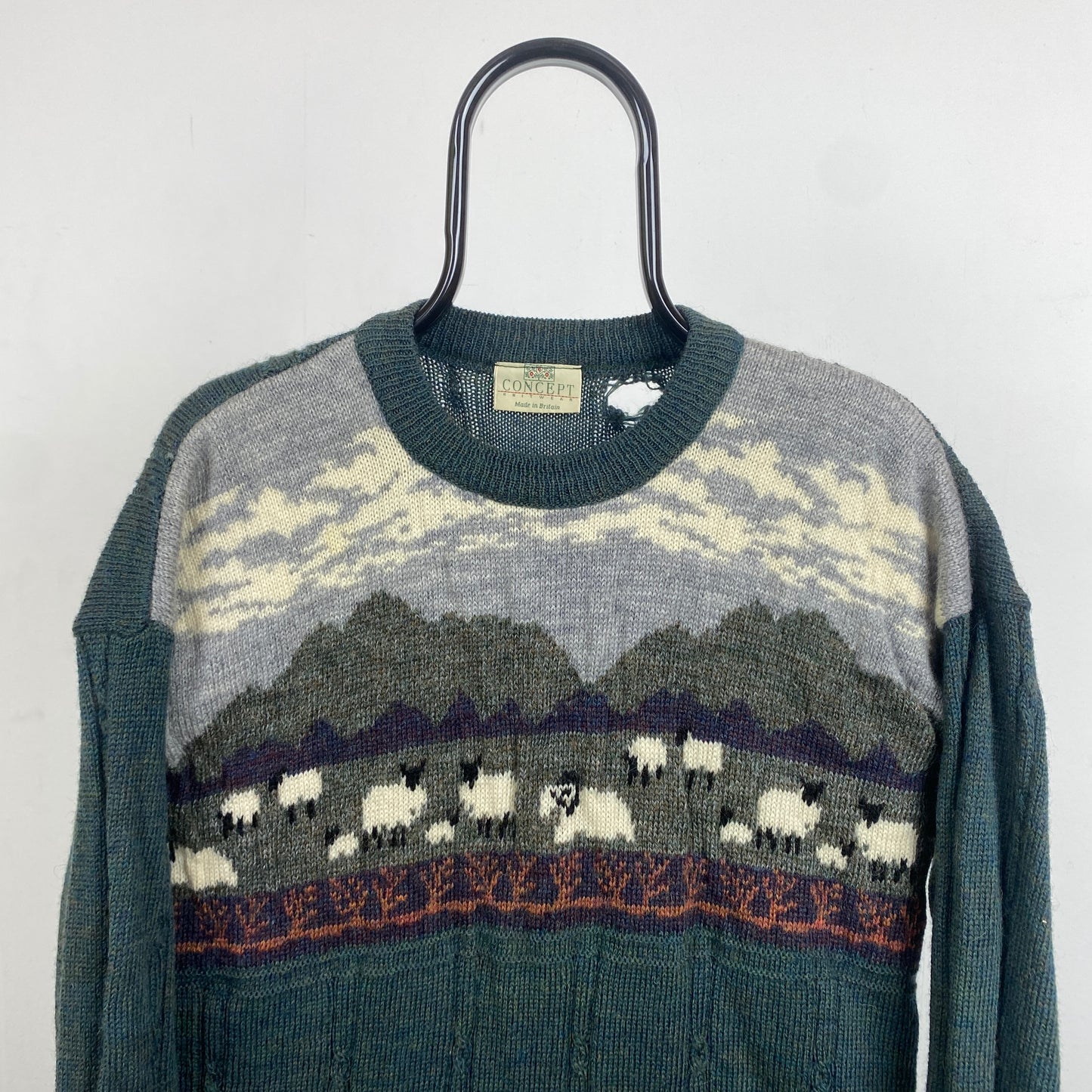 Retro 90s Sheep Knit Sweatshirt Green Small