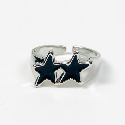 Adjustable Star Ring Silver Black
