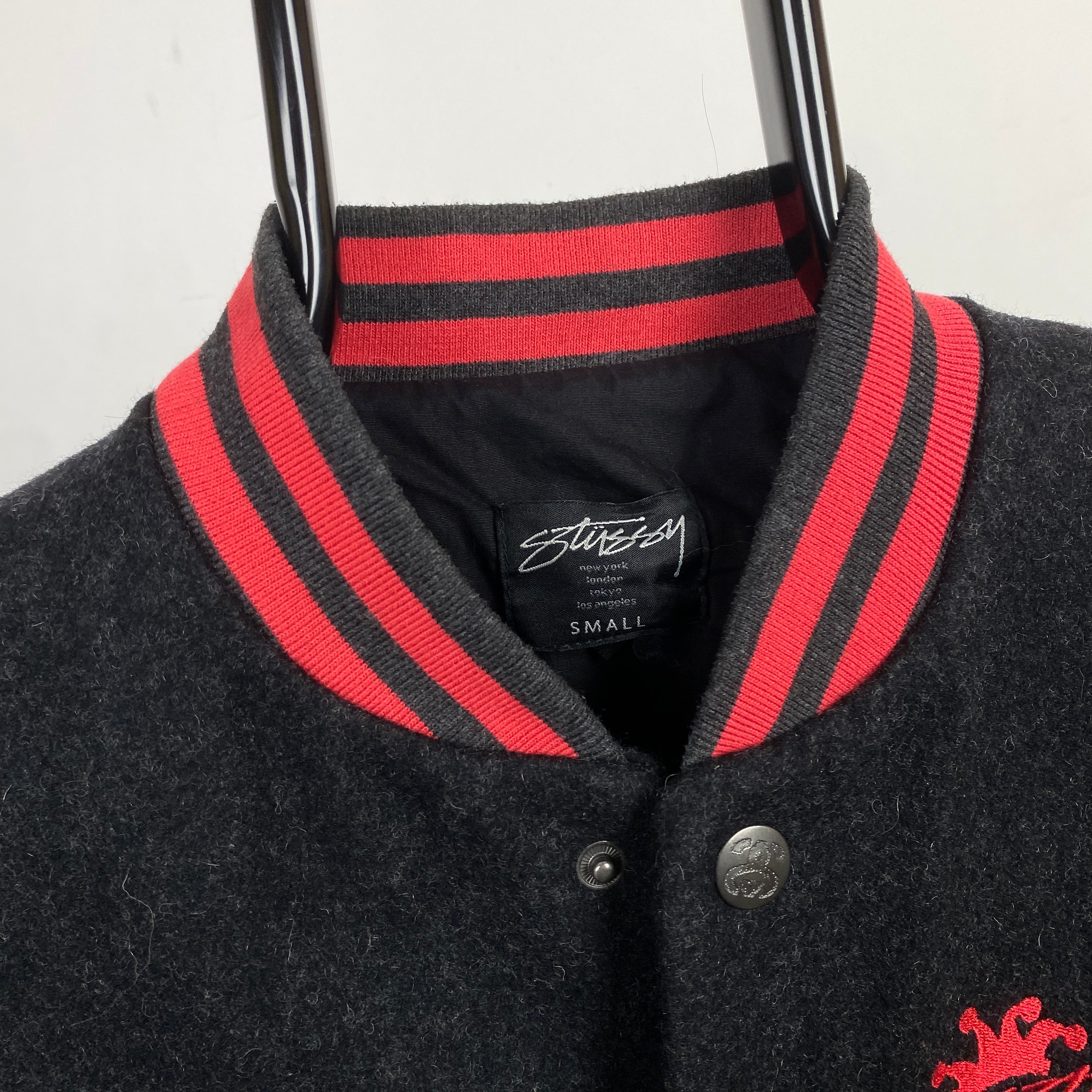 Retro Stussy Leather Varsity Jacket Black Small