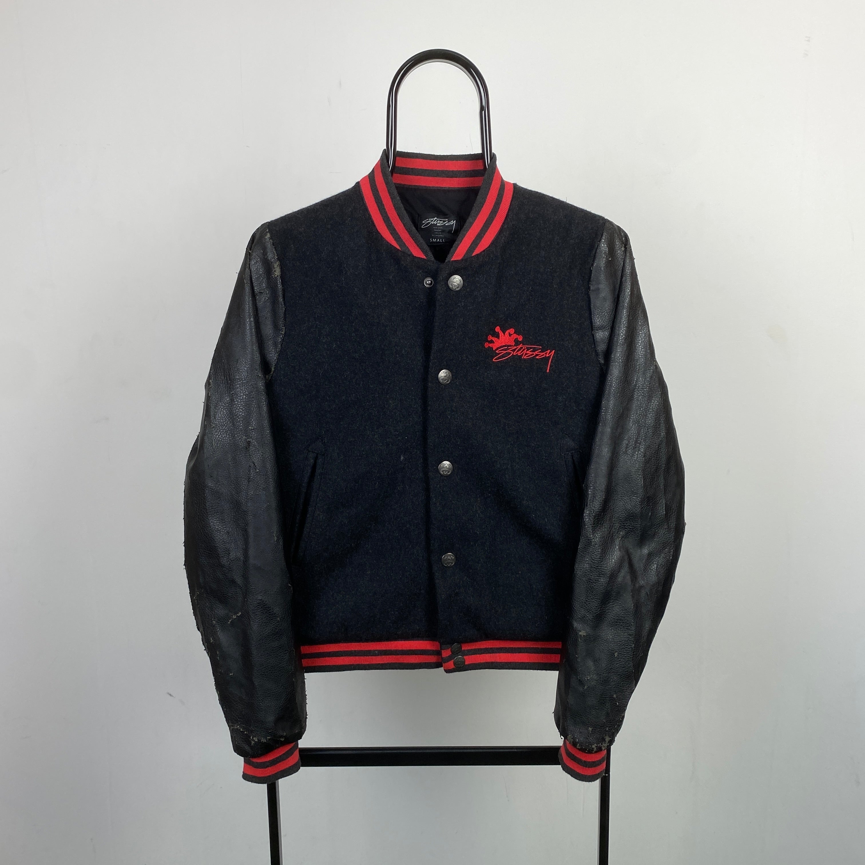 Retro Stussy Leather Varsity Jacket Black Small