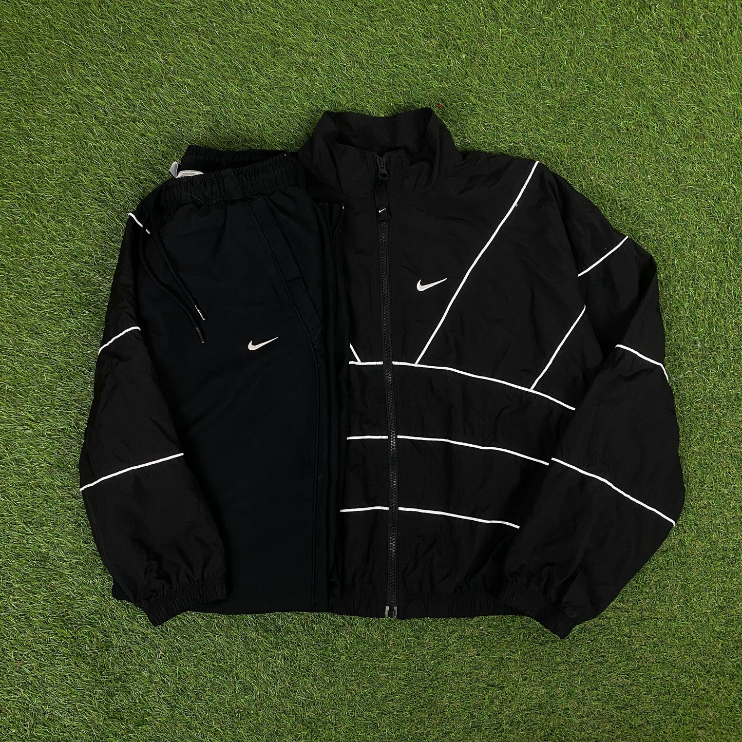 00s Nike Piping Windbreaker Jacket + Joggers Set Black Small