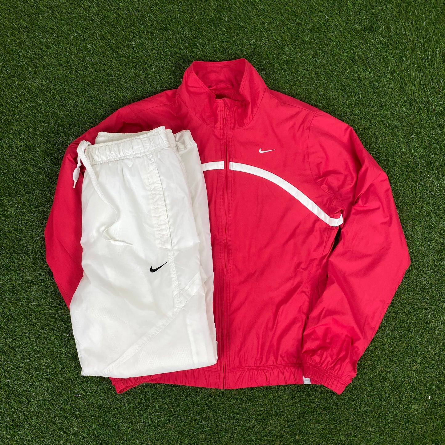 00s Nike Piping Windbreaker Jacket + Joggers Set Red Medium