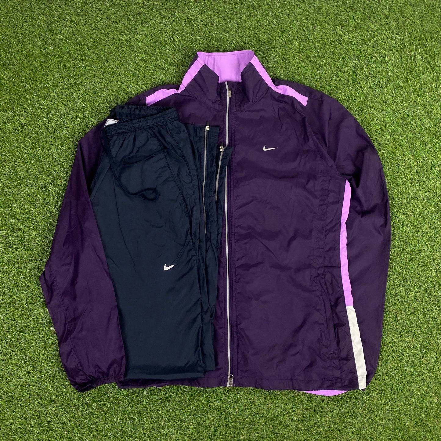 00s Nike Reflective Piping Tracksuit Jacket + Joggers Set Purple Large