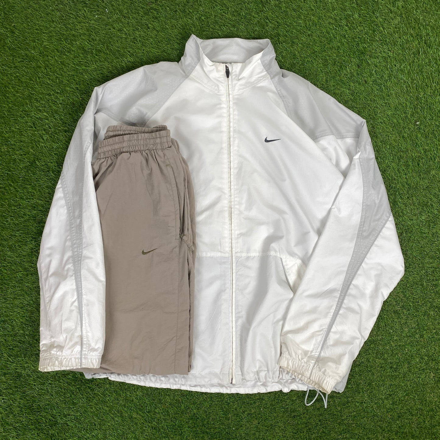 00s Nike Piping Windbreaker Tracksuit Set Jacket + Joggers White XL