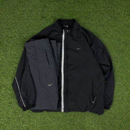 00s Nike Reflective Piping Windbreaker Jacket + Joggers Set Black Medium