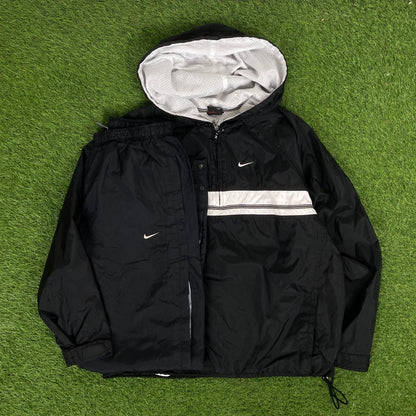 00s Nike Piping Windbreaker Jacket + Joggers Tracksuit Set Black Medium