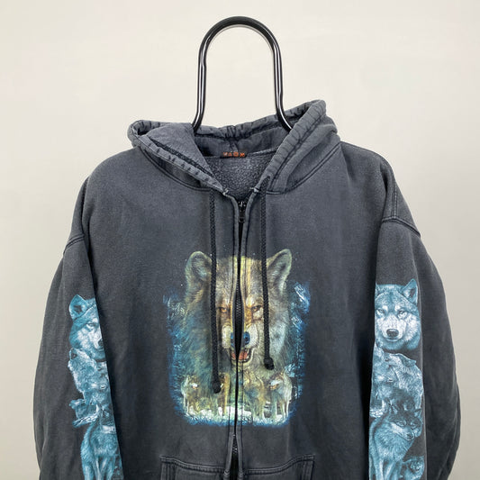 90s Wild Wolf Zip Hoodie Black XL