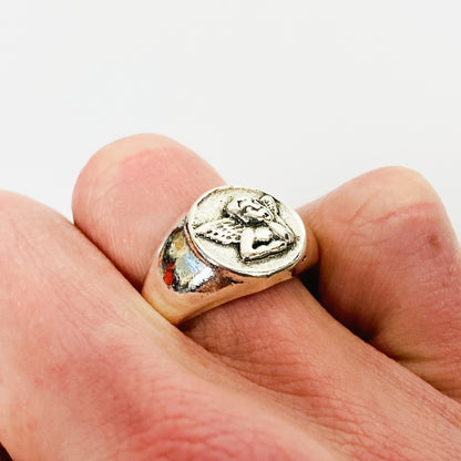 Retro Vintage Cherub Signet Ring Silver