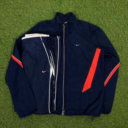 00s Nike Piping Windbreaker Jacket + Joggers Set Blue Small