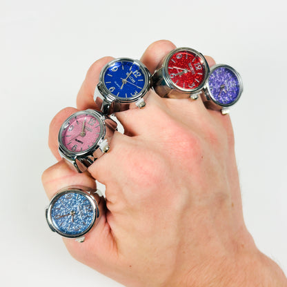 Adjustable Watch Ring Glitter Red
