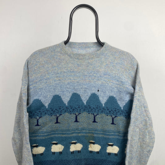 Retro Sheep Wool Knit Sweatshirt Blue Small