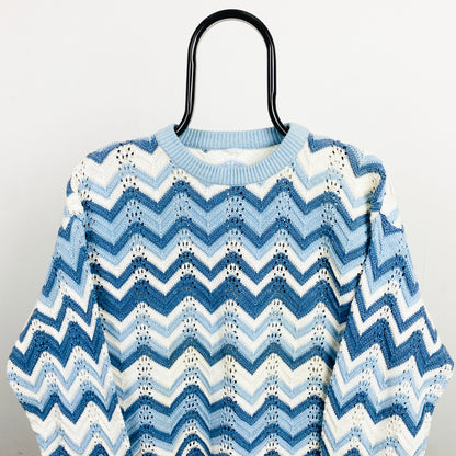 Retro 90s Crochet Knit Sweatshirt Blue Small