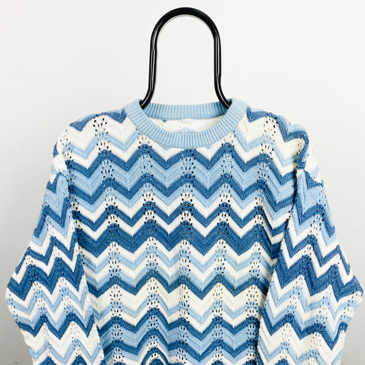 Retro 90s Crochet Knit Sweatshirt Blue Small