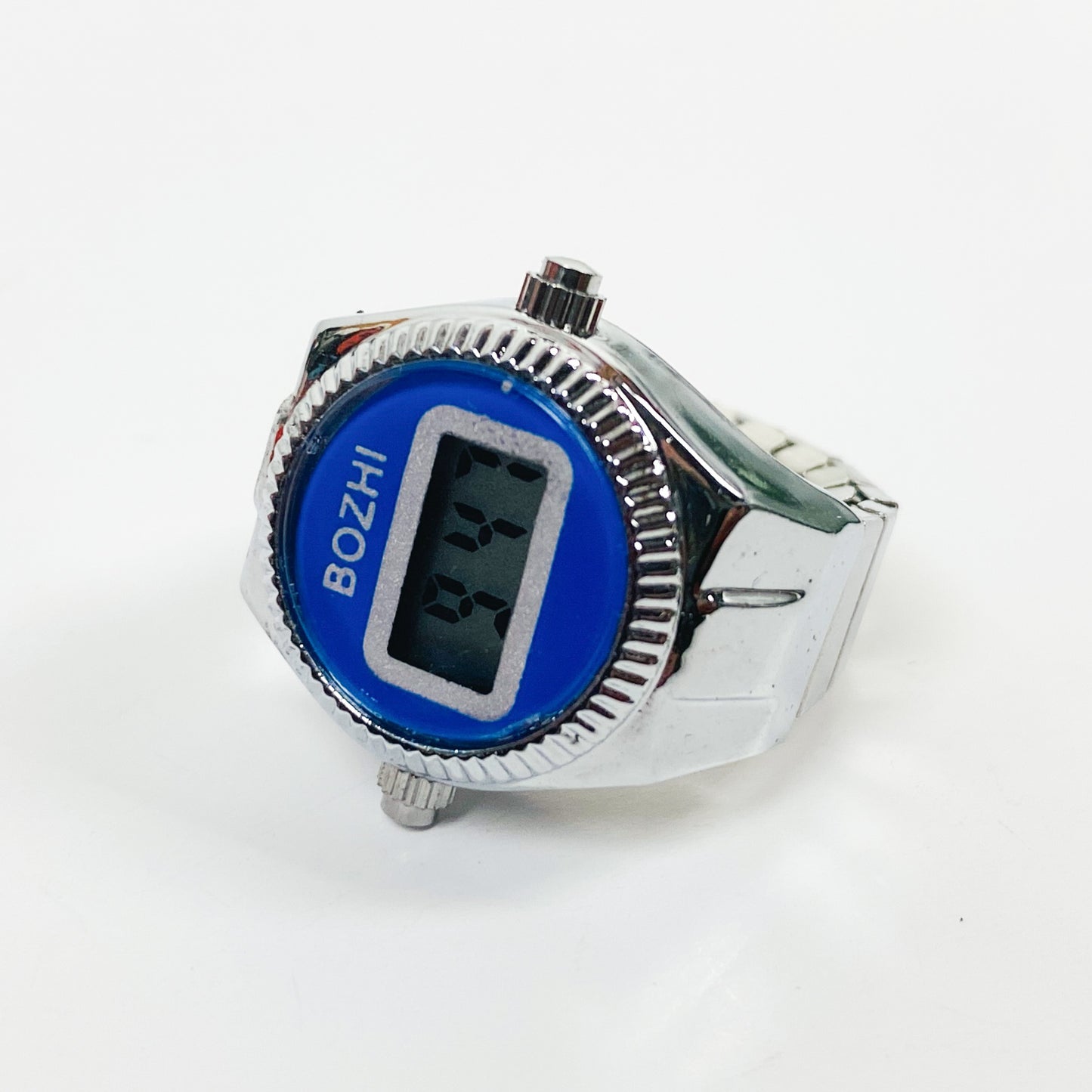 Retro Adjustable Digital Watch Ring Silver Blue