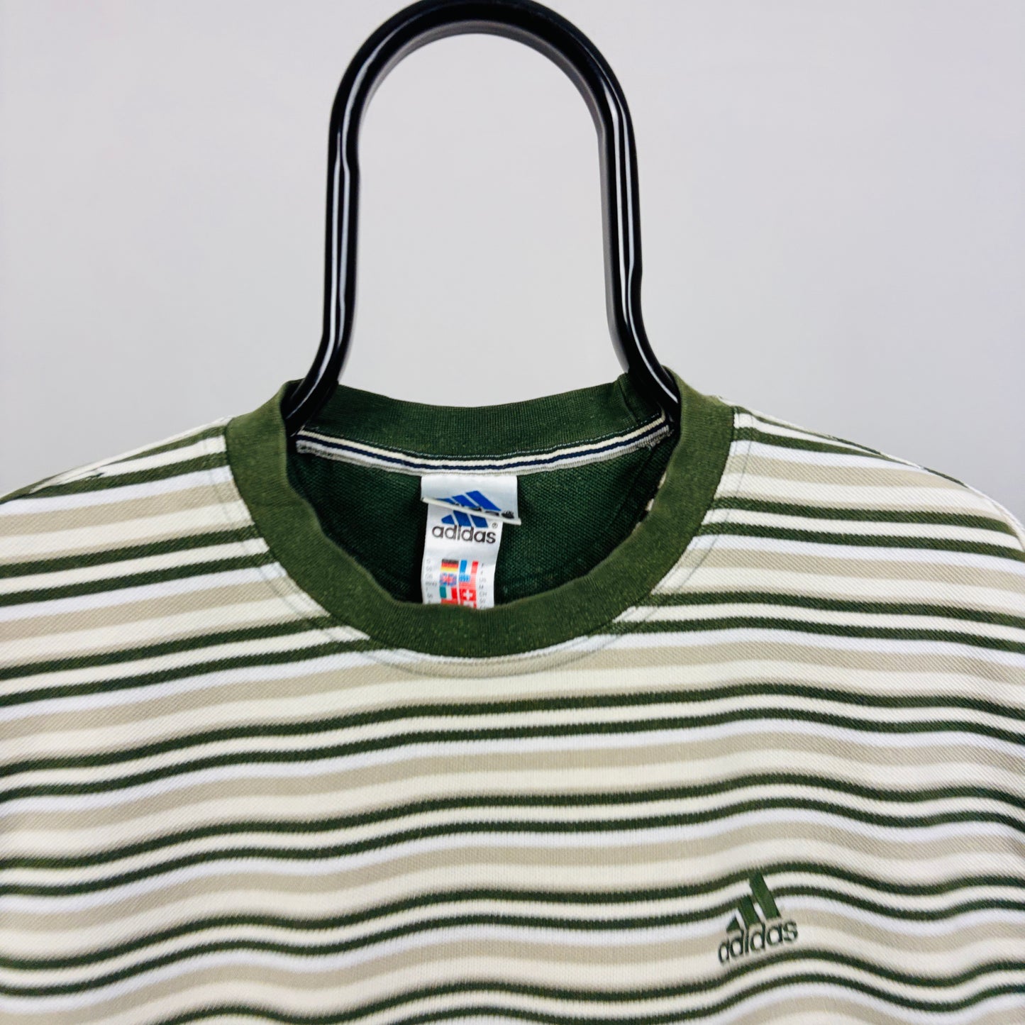 90s Adidas Striped T-Shirt Green Medium