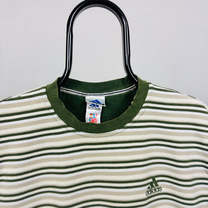 90s Adidas Striped T-Shirt Green Medium